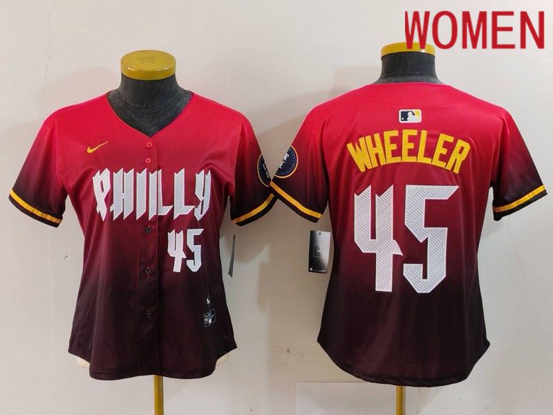 Women Philadelphia Phillies #45 Wheeler Red City Edition 2024 Nike MLB Jersey style 4->women mlb jersey->Women Jersey